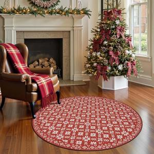 jinchan Knit Look Round Christmas Rug for Entryway Bedroom 4ft Red Holiday Rug for Living Room Snowflake Printed 4' Xmas Decor Washable Indoor Carpet for Foyer Non-Slip Ivory on Red