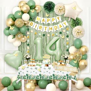 14th Birthday Decorations for Girls, Sage Green 14th Party Packs with Happy Birthday Banner, Paper Pom Poms, Green and Gold Balloon Arch Kit for 14 Years Old Party Decorations