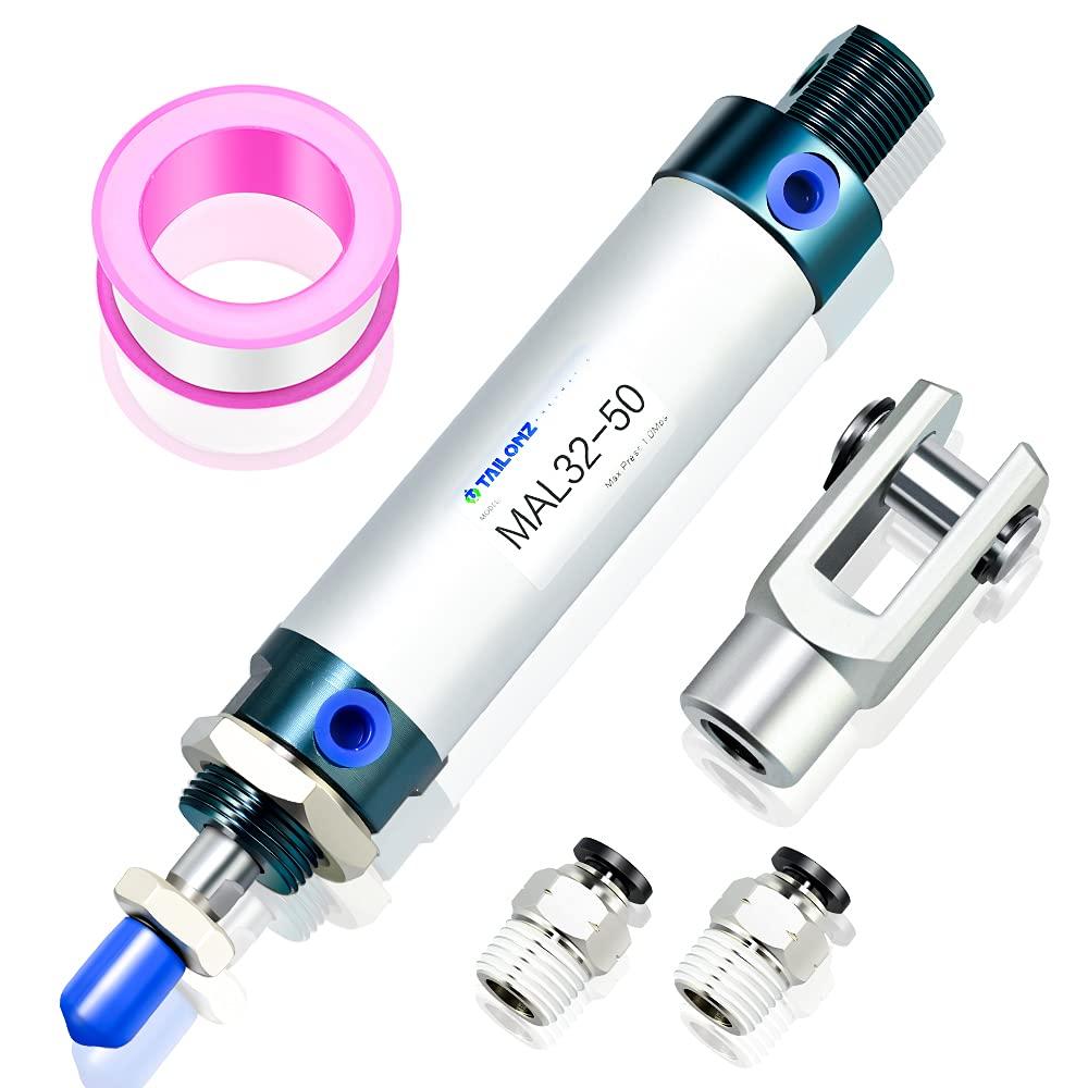 TAILONZ PNEUMATIC 32mm Bore 50mm Stroke Air Cylinder Double Action with Y Connector and 2Pcs 8mm Fitting MAL32x50