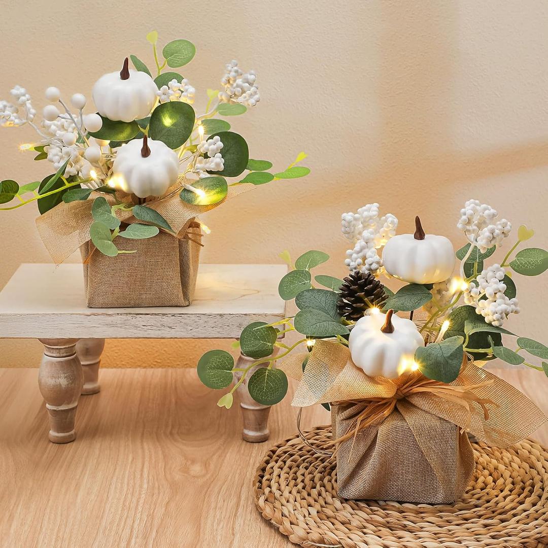 Janinka 2 Set 11 Inch Fall Decorations for Home White Pumpkins Eucalyptus Tables Centerpieces Artificial Pine Cones Berry Stem Picks Decor with 20 LED Lights for Autumn Thanksgiving Decorations