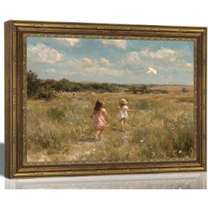 Vintage Gold Framed Wall Art, Girls Flying Kite Canvas Print, 24x16 In