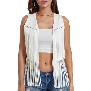 ensswliz Women Fringe Vest 70s Hippie Costume Sleeveless Rivets Tassel Open Front Faux Suede Waistcoat Western Vest, XL