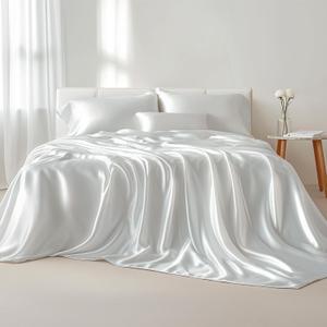 Bedsure White Satin Sheets King Size - 4 Piece Silky Bedsheets with 15 Inches Deep Pocket Fitted Bedsheet,1 Flat Sheet, 2 Satin Pillowcases, Good for Hair & Skin (King, White)