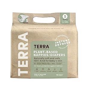 Terra Size 5 Diapers: 85% Plant-Based Diapers, Ultra-Soft & Chemical-Free for Sensitive Skin, Superior Absorbency for Day or Nighttime Diapers, Designed for Toddlers 28-39 Pounds, Count of 8