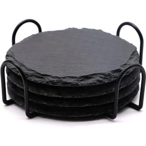 4 PCS Round Slate Drink Coasters Set, SIJDIEE 4 Inch Laser Engraving Black Slate Stone Coasters with Anti-Scratch Bottom and Coaster Holder for Office Bar Kitchen Home Dinner Table Decor Supplies