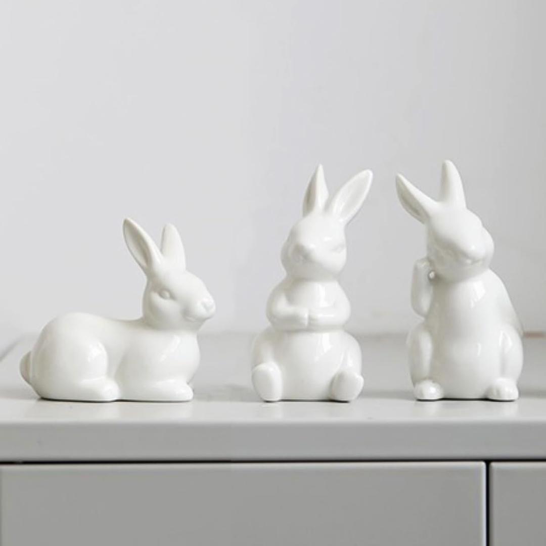 GISELA D 3Pcs White Ceramic Bunnies Easter Bunny Figurine,Home Decoration,Creative Statues for Easter Bunny Rabbits Decor