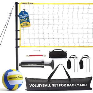 Forever Champ Volleyball Net for Backyard, Beach, Home, Includes 32x3 Ft Regulation Size Net, 8.5-Inch PU Volleyball, Carrying Bag, Boundary Lines, Steel Poles & Pump, Portable Volleyball Net Outdoor