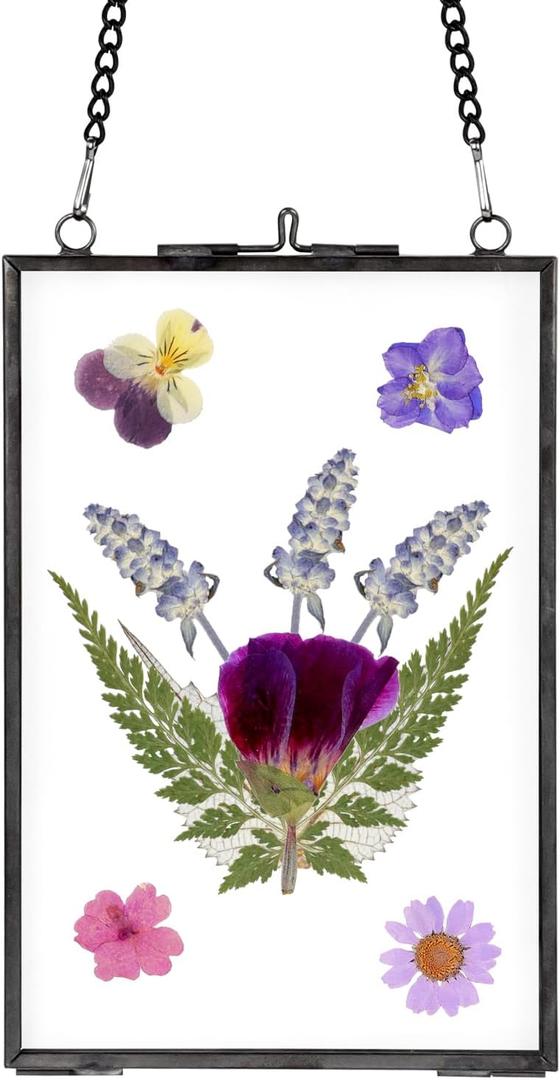 4x6 Inch Hanging Pressed Flower Frame, Double Glass Frame for Pressed Flowers Vintage Brass Picture Frame for DIY Artwork Home Wall Decor, Black