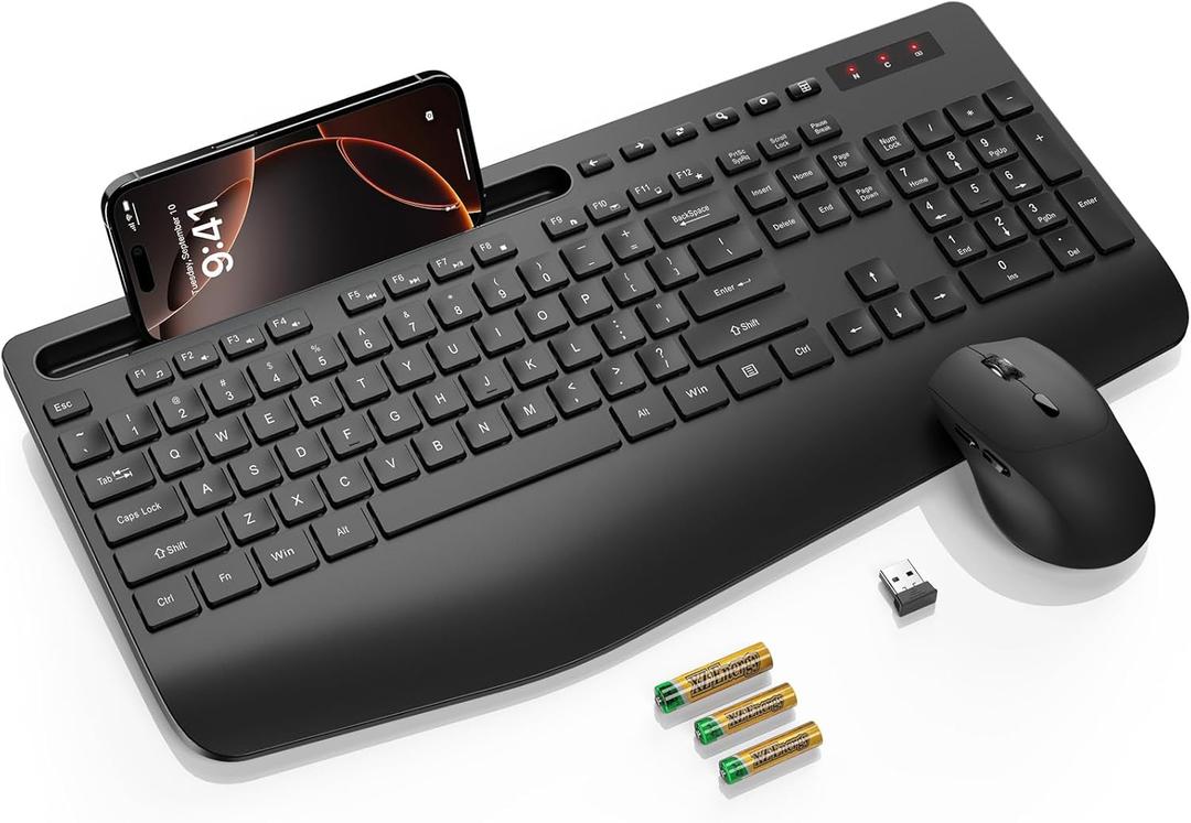 SABLUTE Wireless Keyboard and Mouse Combo - Full Size Ergonomic Wrist Rest, Silent Typing, Phone Holder, 2.4 GHz, 3 Level DPI, Batteries Powered, Compatible with PC, Laptop, Windows, macOS (1 Pack, Classic Black)