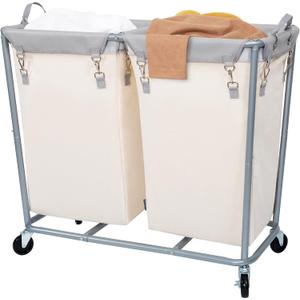 STORAGE MANIAC Commercial Laundry Hamper with Heavy Duty Steel Frame, 240 L Industrial Laundry Basket Cart with Wheels for Hotel, Home, Laundry Room, 37.5''L x 17.1''W x 31.8''H, 2 Section Beige