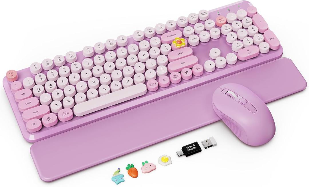 Wireless Keyboard and Mouse Combo with Detachable Magnetic Wrist Rest, Retro Typewriter-Style Keyboard, Round Keycap, Adjustable Legs, 3-Level DPI Mouse, 2.4GHz for Windows PC/Laptop (Lavender Purple)