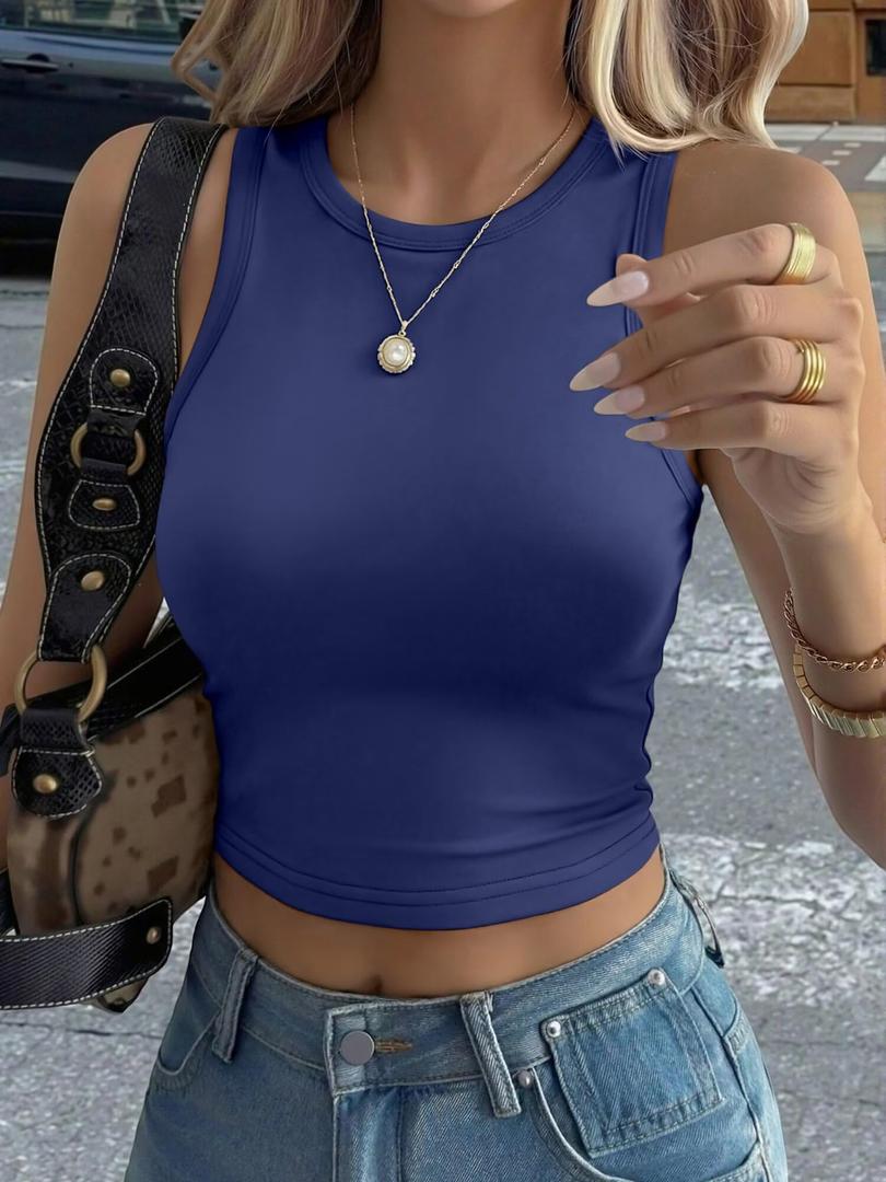 Cropped High Neck Tank Top for Women - Ribbed Bodycon Workout Cami, Sexy Gym Top and Casual Streetwear Essential Blue S