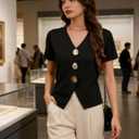 Women's Cardigan Sweater Short Sleeve V Neck Golden Button Down Front Blouse Casual Knitwear Top (Black, L)