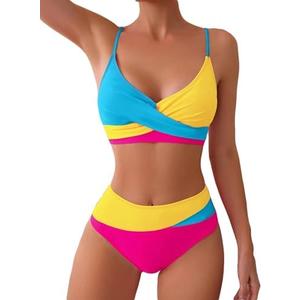 Falainetee Women's 2 Piece Colorblock High Waisted Wrap Spaghetti Strap Summer Swimsuit Bikini Set, L