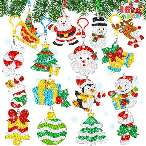 JOYIN 16 Pcs Christmas Diamond Art Ornament Kit, 5D Painting DIY Diamond Craft with Keychains, Xmas Rhinestone Art Activities for Kid Adult, Holiday Party Favors, Family Decor, Classroom Game (Age 8+)