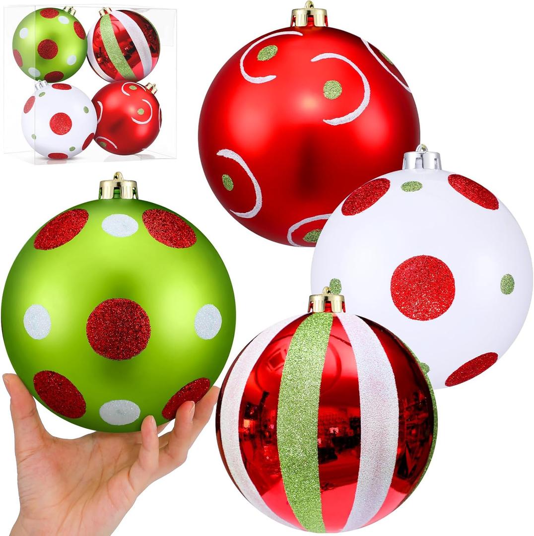 Kasyat 6" Christmas Tree Balls Ornaments Set of 4 Glittering Plastic Hanging Decorations Green Red Shatterproof Christmas Balls Shiny and Finishes Ball for Crooked Neck Xmas Fireplace Home Decor