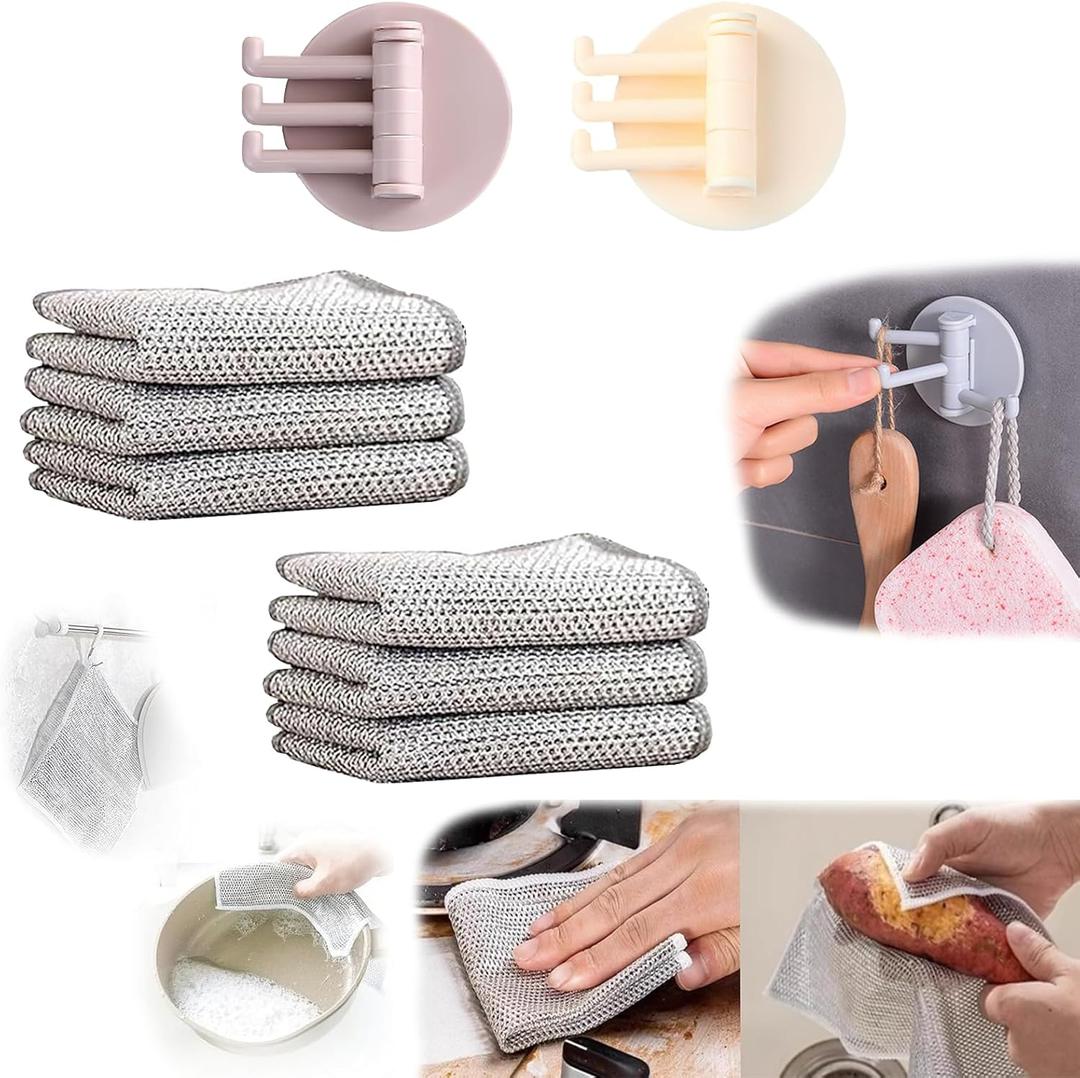 Multipurpose Wire Dishwashing Rags for Wet and Dry, Non-Scratch, Non-Odor Wire Dish Cloths, Wire Cleaning Rags Easy Rinsing Wire Dish Towels for Kitchen, Sinks, Pots (Double Layer, 6PCS)