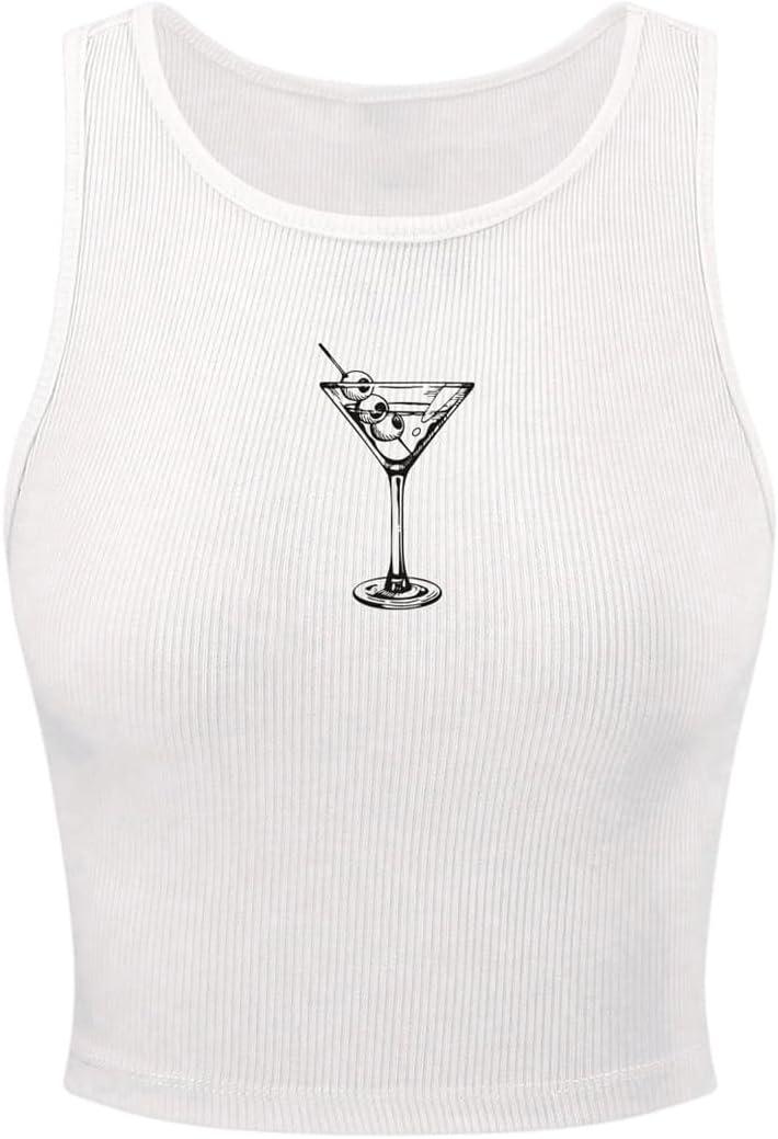 RoseSeek Women's Graphic Y2k Going Out Tank Tops Sleeveless Martini Casual Slim Fit Summer Crop Top (Medium, White)