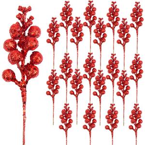 DIYASY Artificial Red Berry Stems,20 Pcs 7.8 Inch Glitter Christmas Tree Picks for Christmas Tree Ornaments,DIY Xmas Wreath, Holiday and Home Decoration