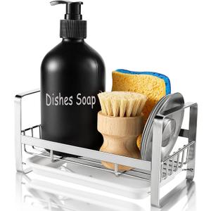 TEZZ Sponge Holder for Kitchen Sink, Stainless Steel Kitchen Storage Sink Caddy for Organizing Sponge, Brush & Dish Soap Dispenser, Sink Organizer Rack with Adhesive or Counter top, Silver