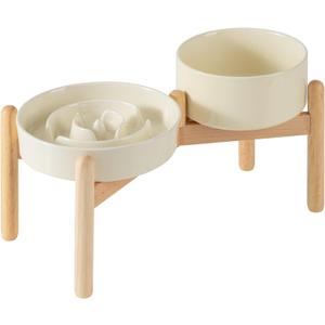 Ceramic 1.2 Cup Raised Slow Feeder Dog Bowl Set, Elevated 6.1inch Bowl and 7.3inch Puzzle Slow Food Dish with Wooden Stand for Medium and Small Dog, Anti-Gulping (2 x Beige+ Stand)