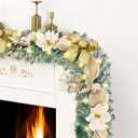 Christmas Garland with Lights, 2 Pack 5.9 FT Luxury Christmas Garland for Mantle, Christmas Flocked Garland with Gold Bows Ribbons Magnolia for Front Door Fireplace Table Home Decor