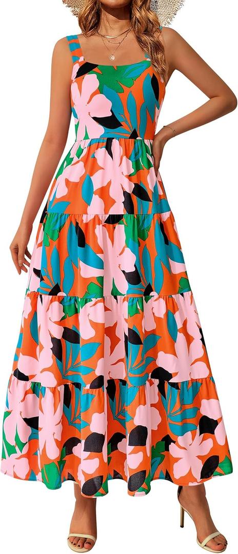 PRETTYGARDEN Women's Summer Floral Maxi Dress Sleeveless Smocked Ruffle Long Flowy Beach Vacation Boho Sundresses (Floral Orange Pink)
