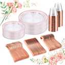 bUCLA 150PCS Clear Rose Gold Disposable Dinnerware set - Rose Gold Plastic Plates Include 25 Dinner / 25 Dessert Plates, 25 Knives, 25 Forks, 25 Spoons, 25 Cups for Party, Wedding & Mother's Day
