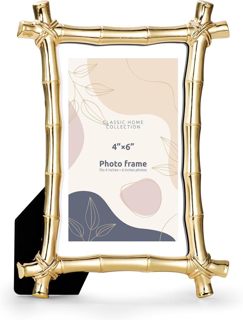 Bamboo Style Picture Frame 4x6 Inches, Classic Home Collection Photo Frame, Metal Modern Decoration Frame (Gold)