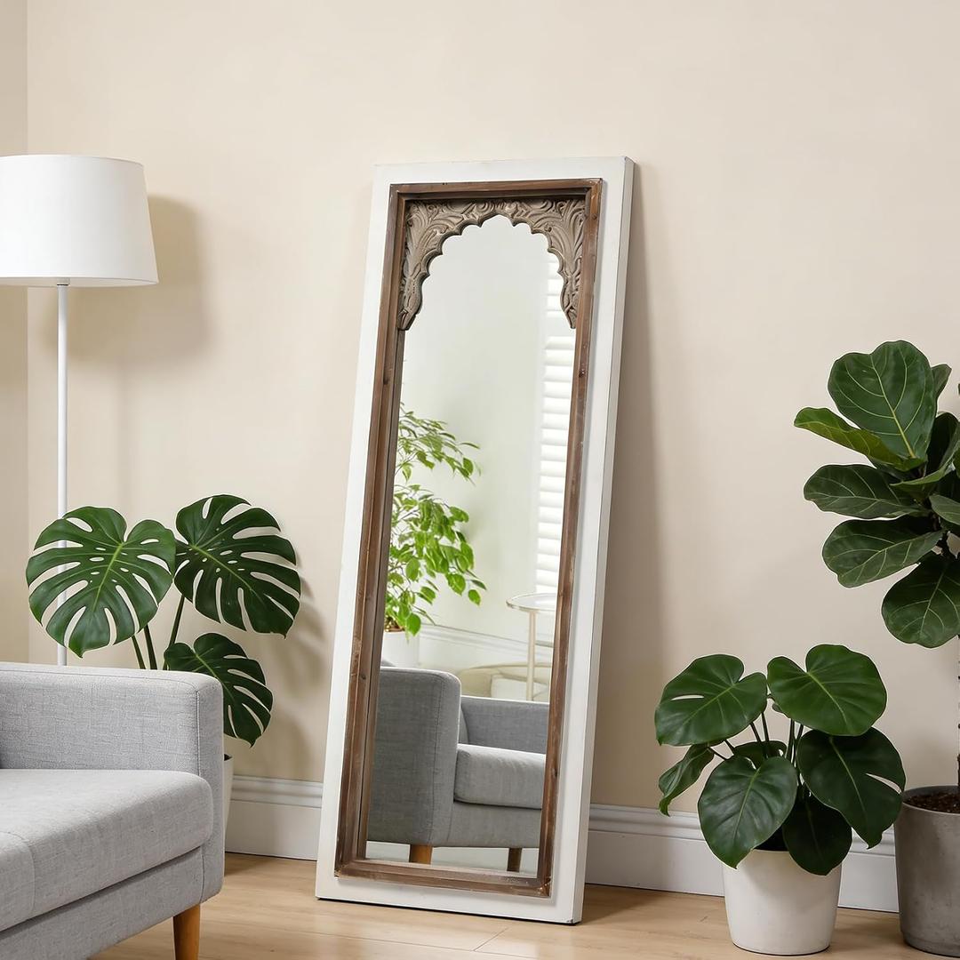 Vintage Small Full Length Mirror with Stand 42 inch, Handmade Distressed Finish White Leaning Rustic Wood Floor Mirror, Ornate Carved Arched Full Length Mirrors for Bedroom Dressing Room