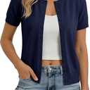 GRACE KARIN Short Sleeve Cardigan Summer Button up Sweaters for Women Lightweight Crew Neck Casual Outfits (Blue, M)