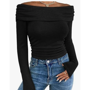 Women's Off The Shoulder Tops Casual Long Sleeve Slim Fitted Stretchy Top Blouse Going Out Nightout Shirt, Size L