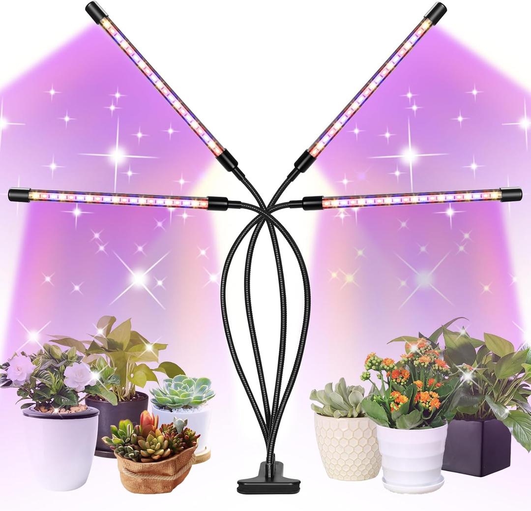 LED Grow Lights, 4 Heads Red Blue White Full Spectrum Plants Lights with Clamp for Indoor Plants & Seed Starting, 10-Level Dimmable, Auto On Off, Timing 4 9 12Hrs