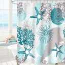 MAYZUS Beach Ocean Themed Shower Curtain 60x72, Teal Blue Cute Nautical Coastal Shower Curtains for Bathroom Decor, Summer Tropical Seashell Starfish Coral Fabric Shower Curtain Set with Hooks 72x72 inches