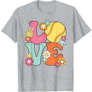 Softball Love Cute Softball Lover Women Teens Girls Kids T-Shirt, Color: Heather Grey, Size: Youth Medium.