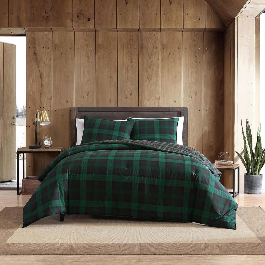 Eddie Bauer - Twin Duvet Cover Set, Reversible Flannel Bedding Set with Matching Sham, Medium-Weight, Dorm Essentials (Woodland Tartan Green)
