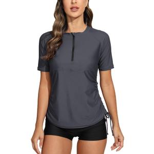 Halcurt Women's Half Zip Short Sleeve Rash Guard Swimsuit Top Ruched Swim Shirt UPF50+ Quick Dry Bathing Suit (XX-Large, Grey)