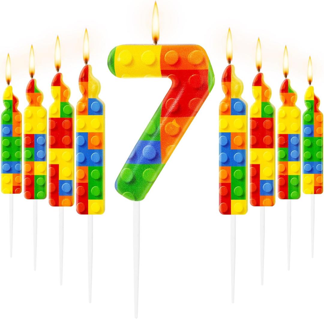 MTLEE 9 Pcs Building Block Candles Number 1-9 Building Block Candle Numeral Birthday Cake Topper Cupcake for Birthday Decoration Party Supplies (Number 7)