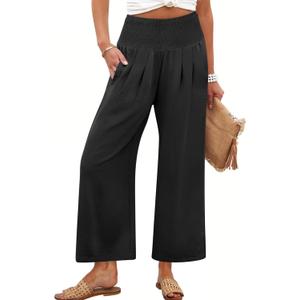 ANRABESS Womens Pants Wide Leg High Waisted Palazzo Pants Summer Flowy Beach Lounge Casual Trousers with Pockets (Black)