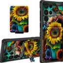 For Samsung Galaxy S22 Ultra Case Wallet Case with Credit Card Holder & Kickstand Dual Layer Hard PC Soft TPU Shock Proof Protective Cover for Samsung S22 Ultra 6.8 inch - Sunflower Butterfly