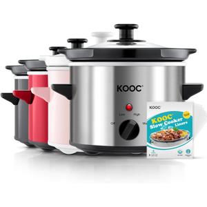 KOOC Small Slow Cooker, 2 Quart, Free Liners Included for Easy Clean-up, Upgraded Ceramic Crock, Adjustable Temp, Nutrient Loss Reduction, Stainless Steel, Silver, Round
