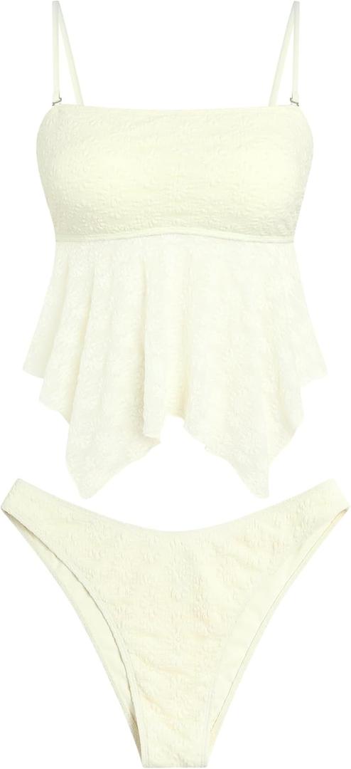 ZAFUL Tankini Swimsuits for Women Flowy Swimwear Mesh Lace Jacquard Two Piece Bathing Suit High Cut Tanga Tankini Set, Medium
