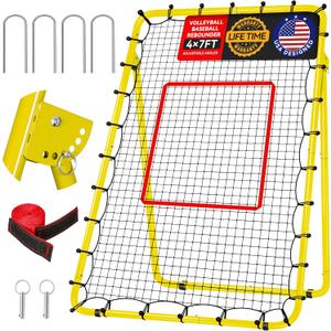 4x7ft Baseball Rebounder Anti-UV 5 Adjustable Angles Fielding Trainer, Volleyball Softball Football Rugby Baseball Bounce Back Net Anti-Skid Easy Storage Pitch Back Rebound Net with 4 Stakes (Yellow)