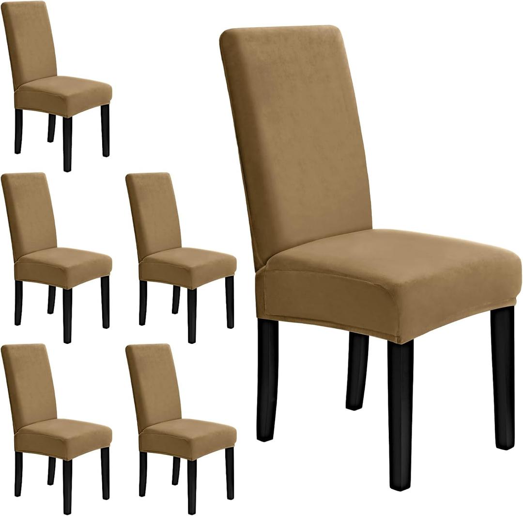 MOSAYT Velvet Stretch Chair Covers for Dining Room Set of 6 - Soft Slipcovers with Thick Removable Fabric for Parsons Chairs, Washable Seat Protectors for Kitchen, Banquet & Home Decor, Camel