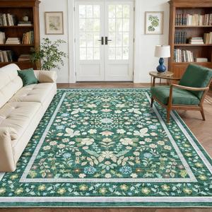 GarveeHome Floral 5x7 Christmas Area Rugs for Living Room Machine Washable Soft Boho Non-Slip Backing Carpet Indoor Stain Resistant Low Pile for Bedroom Farmhouse Rugs Green