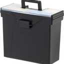 IRIS USA Portable File Box With Handle, Slim w/Organizer Lid, Plastic File Organizer Box for Letter Files, Hanging Filing Folder Organizer, Lockable, Secure Buckle, Black