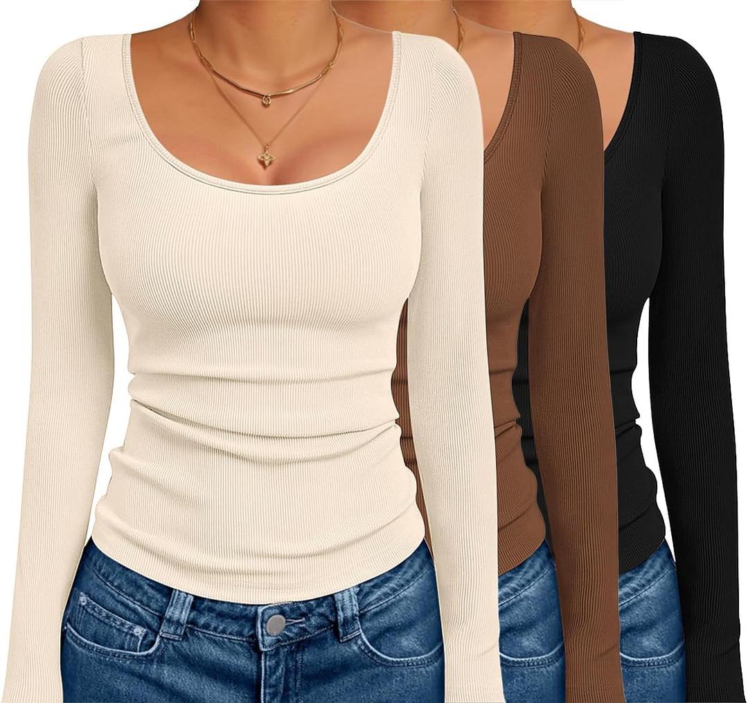 Ekouaer 3 Pack Long Sleeve Shirts for Women Scoop Neck Ribbed Thermal Tops Slim Fit Basic Undershirts (Medium, Black/Brown/Beige)