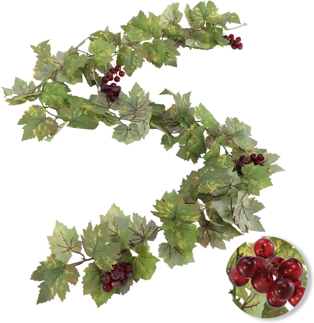 Artificial Grape Vine Leaf Garland Plant with 5 Strings Grapes, 6.5ft Artificial Fake Grape Vines Fake Greenery for Wedding Party Home Indoor Outdoors Decoration