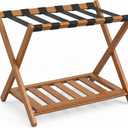 BAMBOOHOMIE Bamboo Luggage Rack for Guest Room, Wide Suitcase Stand with Storage Shelf, Folding Luggage Stand Holder for Bedroom Hotel, 26.77" Thickened Luggage Rack for Suitcases, Tea brown