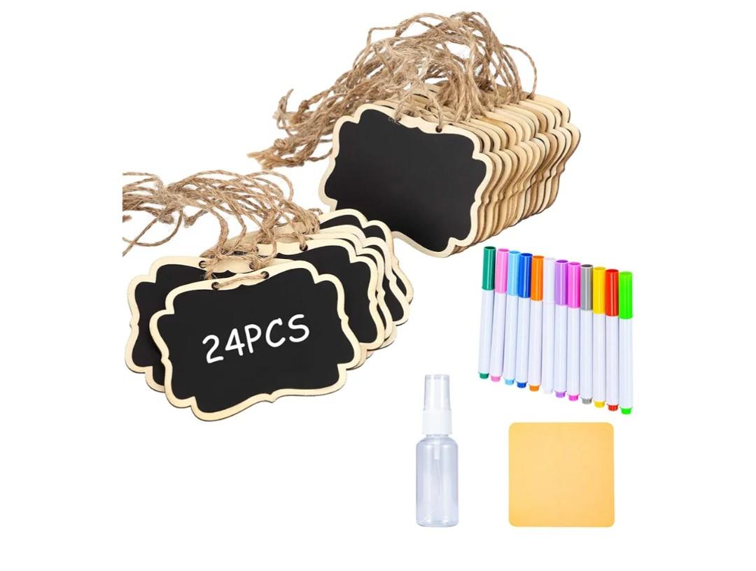 Reusable Mini Wood Chalkboards with Hanging String Erasable, Double-Sided Blackboard for Message Board Signs, Weddings Place Cards, Birthday Parties, Table Numbers, Plants
